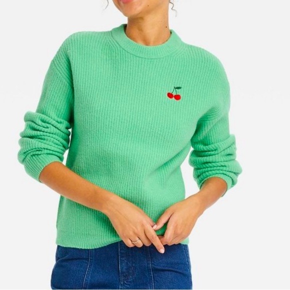 Target Crewneck Sweater A New Day Green Red Cherries Embroidered Size Medium - Picture 9 of 9